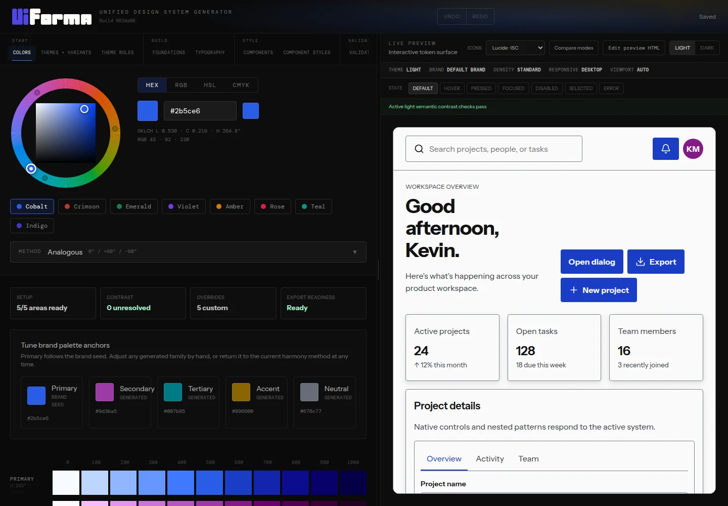 UIForma Colors workspace with color wheel, palette controls, and live application preview