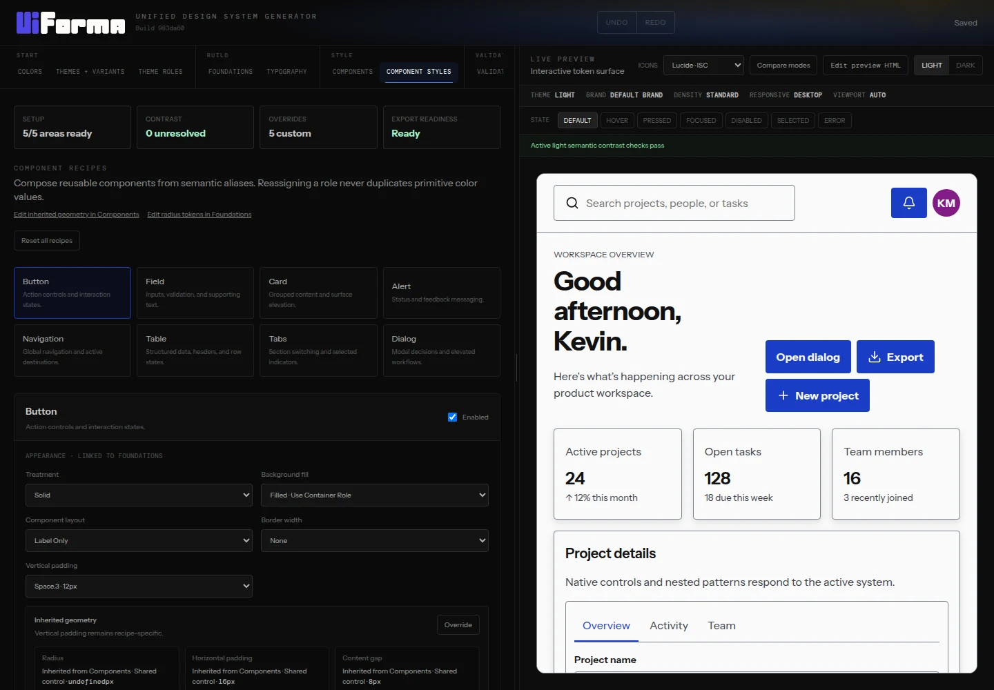UIForma Component Styles workspace and live application preview