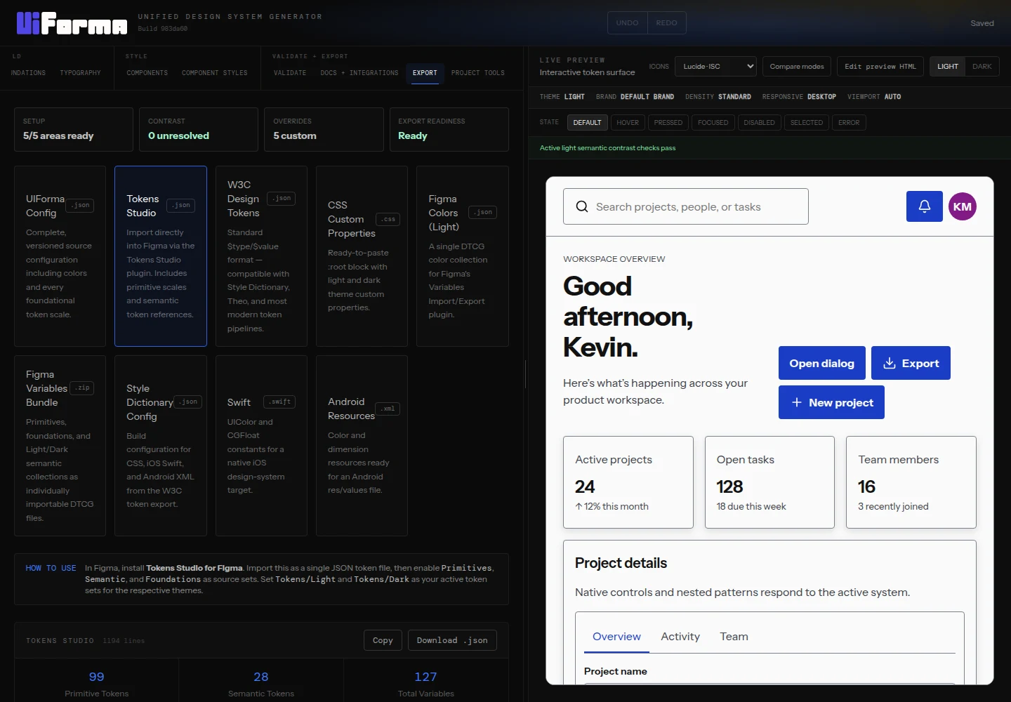 UIForma Export workspace and live application preview