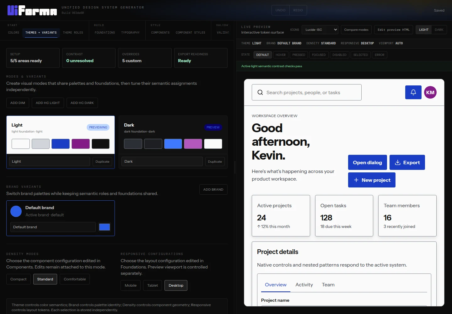 UIForma Themes and Variants workspace and live application preview