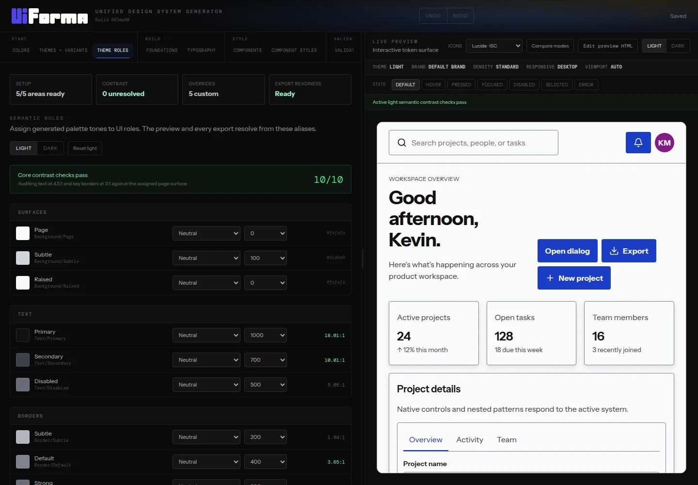 UIForma Theme Roles workspace and live application preview